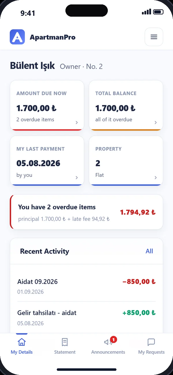 Owner screen: amount due now, last payment and recent activity