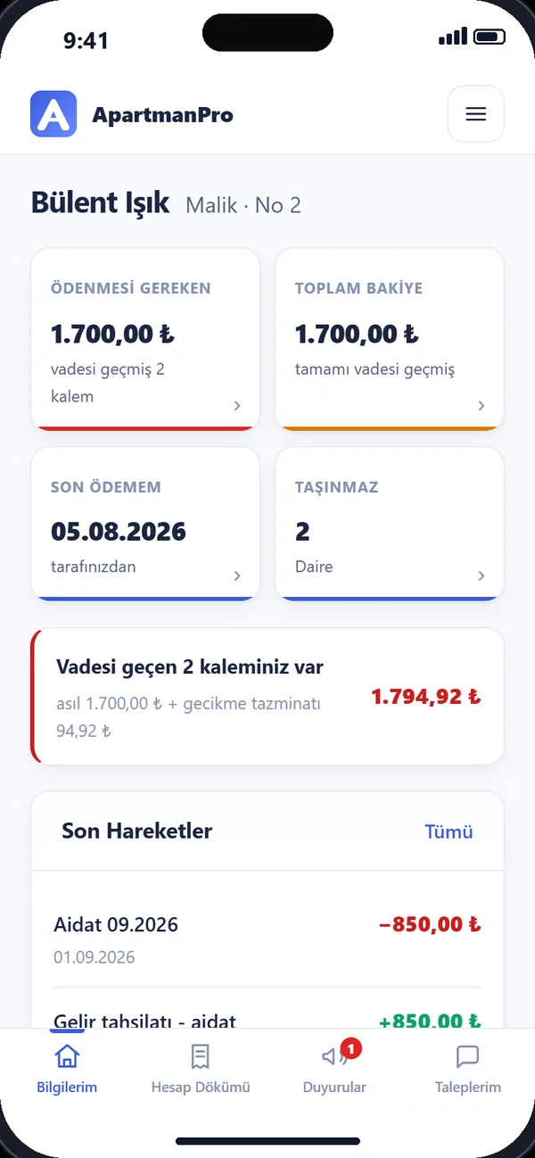 Üye ekranı: ödenmesi gereken tutar, son ödeme ve hareketler